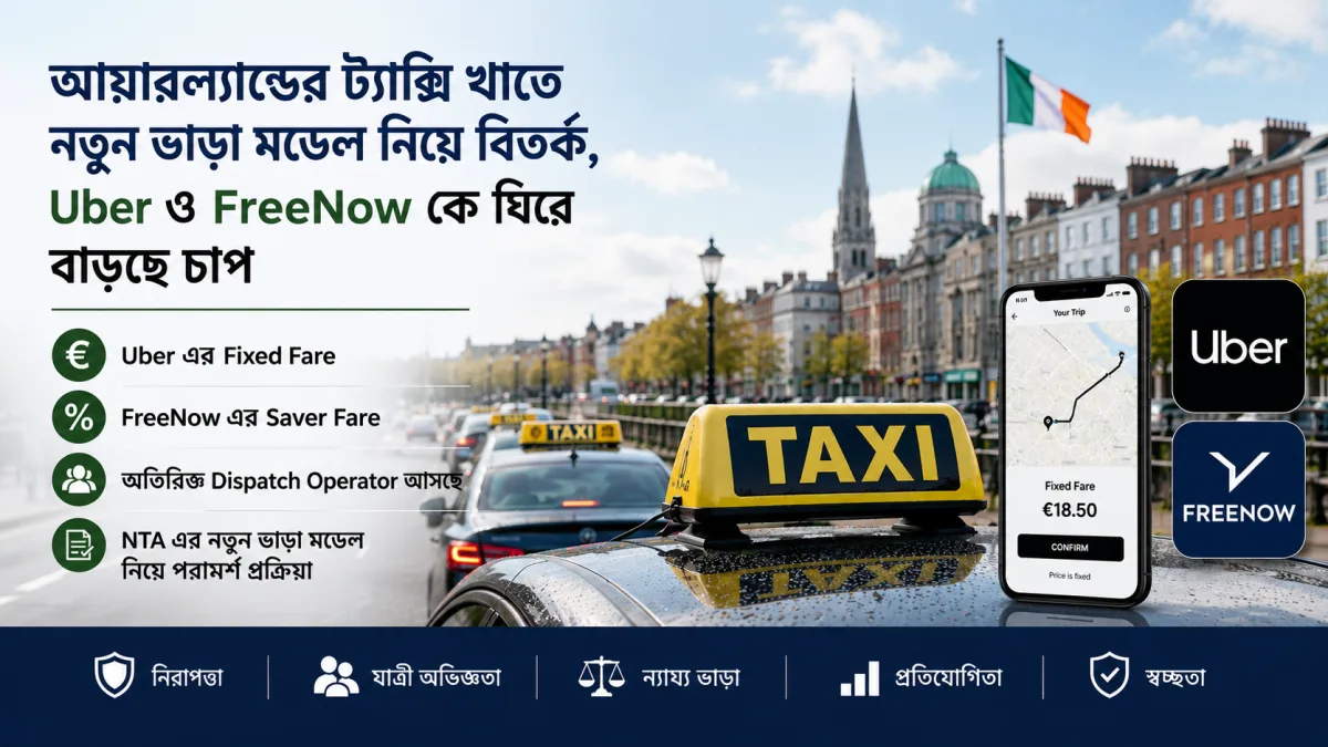 আয়ারল্যান্ডের ট্যাক্সি খাতে নতুন ভাড়া মডেল নিয়ে বিতর্ক, Uber ও FreeNow কে ঘিরে বাড়ছে চাপ