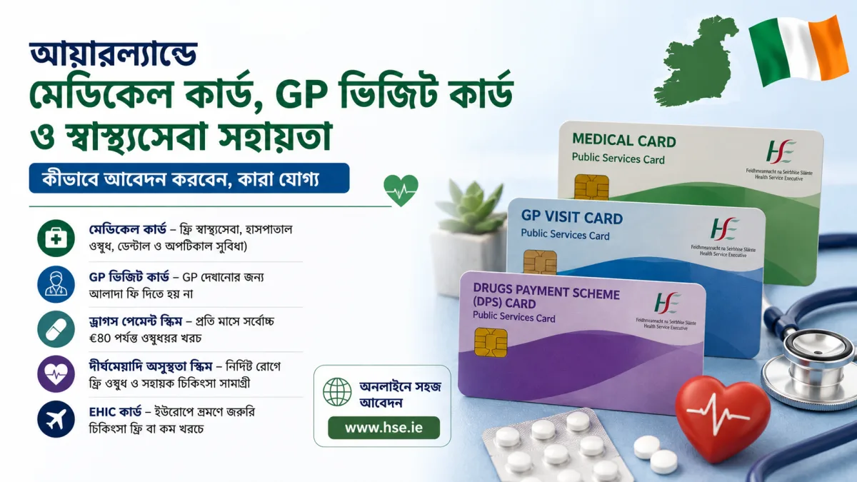 আয়ারল্যান্ডে মেডিকেল কার্ড, GP ভিজিট কার্ড ও স্বাস্থ্যসেবা সহায়তাঃ কীভাবে আবেদন করবেন, কারা যোগ্য