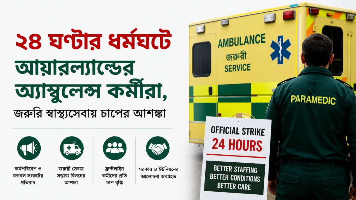 ২৪ ঘণ্টার ধর্মঘটে আয়ারল্যান্ডের অ্যাম্বুলেন্স কর্মীরা, জরুরি স্বাস্থ্যসেবায় চাপের আশঙ্কা