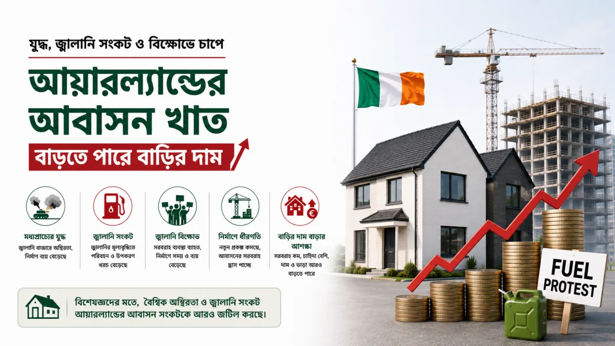 যুদ্ধ, জ্বালানি সংকট ও বিক্ষোভ চাপে আয়ারল্যান্ডের আবাসন খাত, বাড়তে পারে বাড়ির দাম