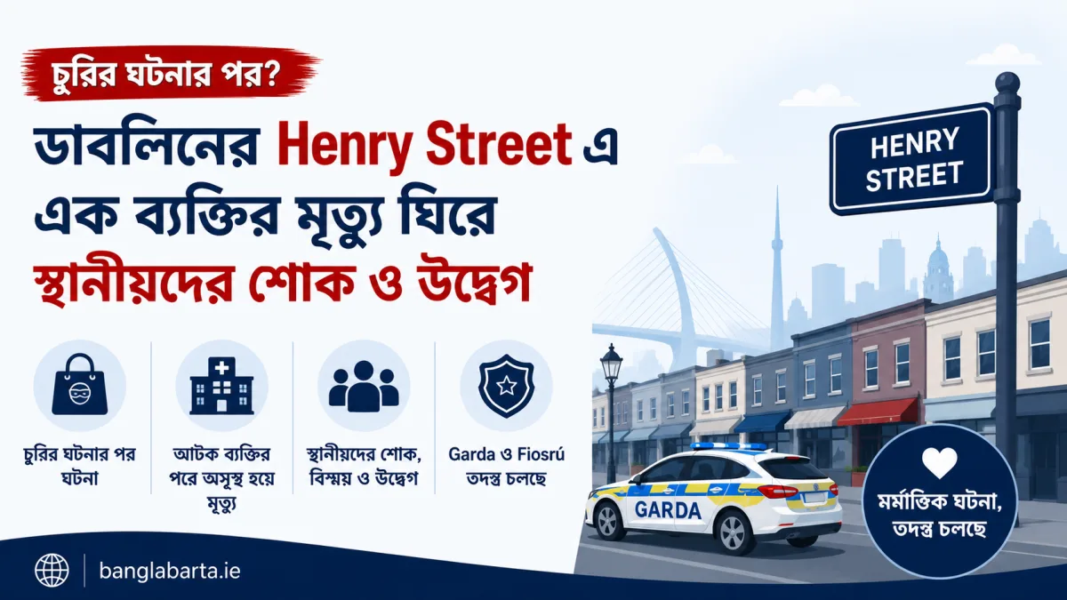 ডাবলিনের হেনরী স্ট্রীটে চুরির ঘটনার পর মৃত্যু ঘিরে বাড়ছে প্রশ্ন, স্থানীয়দের মধ্যে শোক ও উদ্বেগ