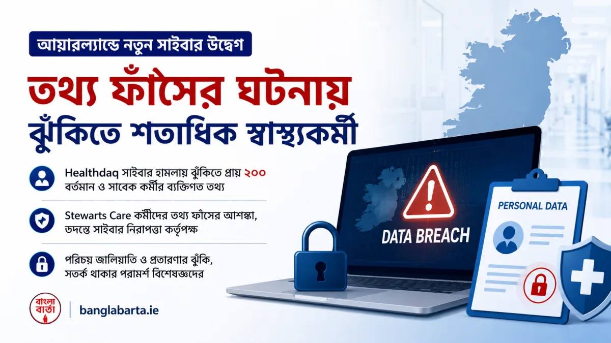 আয়ারল্যান্ডে নতুন সাইবার উদ্বেগ, তথ্য ফাঁসের ঘটনায় ঝুঁকিতে শতাধিক স্বাস্থ্যকর্মী