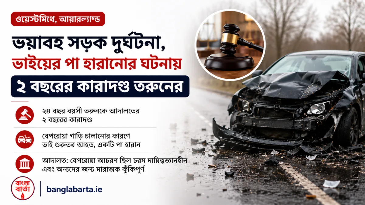 ওয়েস্টমিথে ভয়াবহ সড়ক দুর্ঘটনা, ভাইয়ের পা হারানোর ঘটনায় ২ বছরের কারাদণ্ড তরুণের
