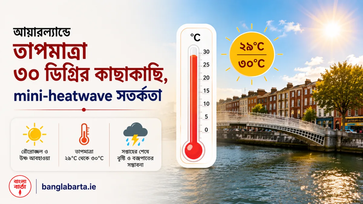 আয়ারল্যান্ডে তাপমাত্রা ৩০ ডিগ্রির কাছাকাছি, mini-heatwave সতর্কতায় Met Éireann