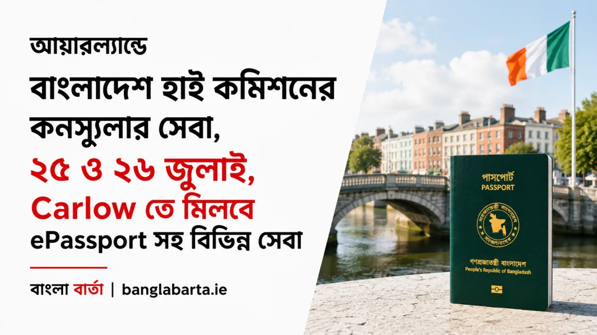 আয়ারল্যান্ডে বাংলাদেশ হাই কমিশনের কনস্যুলার সেবা, ২৫ ও ২৬ জুলাই, Carlow তে মিলবে ePassport সহ বিভিন্ন সেবা