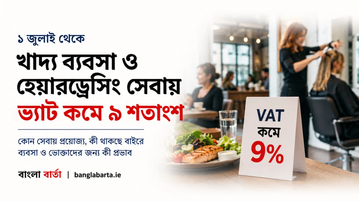 আয়ারল্যান্ডে ১ জুলাই থেকে খাদ্য ব্যবসা ও হেয়ারড্রেসিং সেবায় ভ্যাট কমে ৯ শতাংশ, ব্যবসা ও ভোক্তাদের জন্য নতুন সুযোগ
